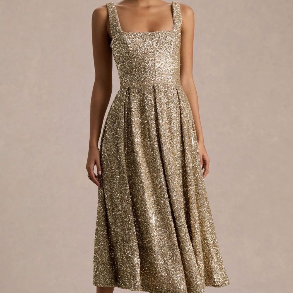 Club L London Gold Sequin Midi Dress with Square Neckline